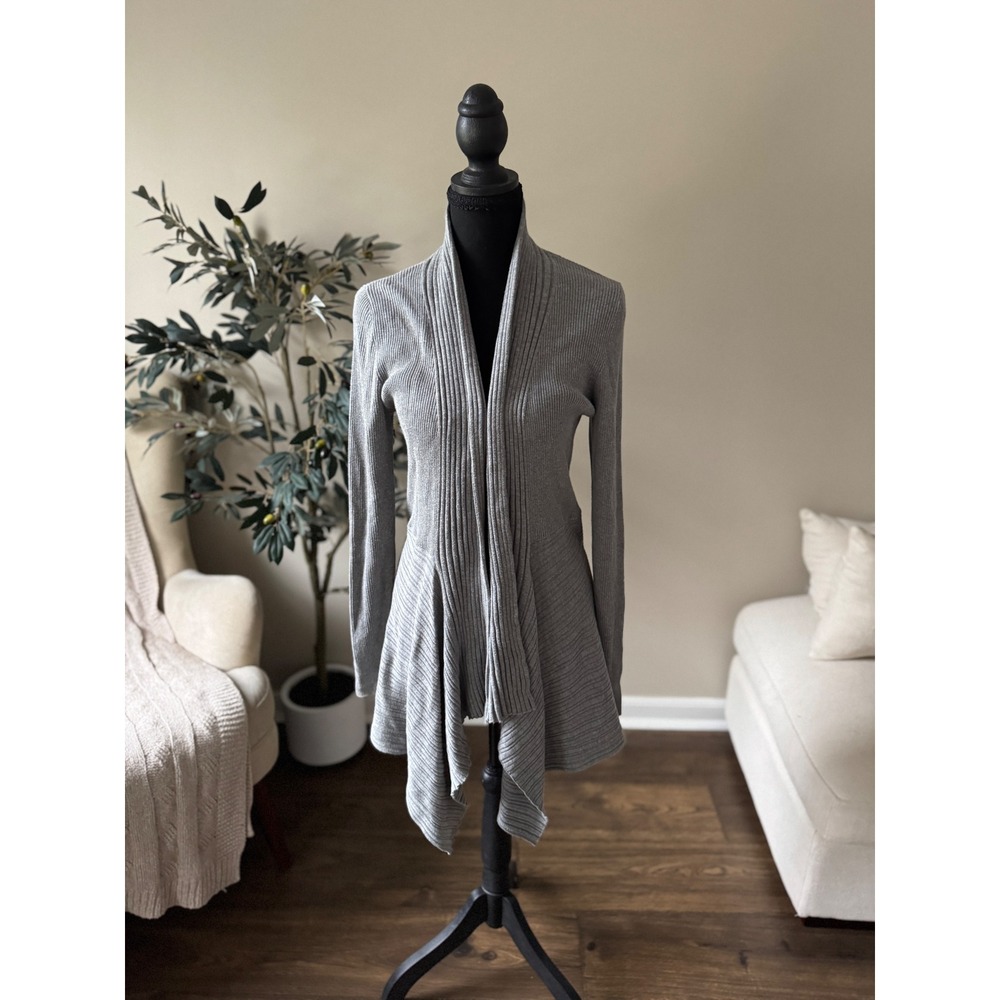 White House Black Market Gray Ribbed Draped Open Front Peplum Cardigan Medium